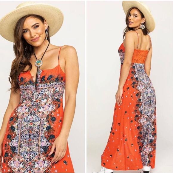 Free People Morning Song Red Floral Paisley Printed Button Lace Maxi Dress XS - Picture 8 of 16
